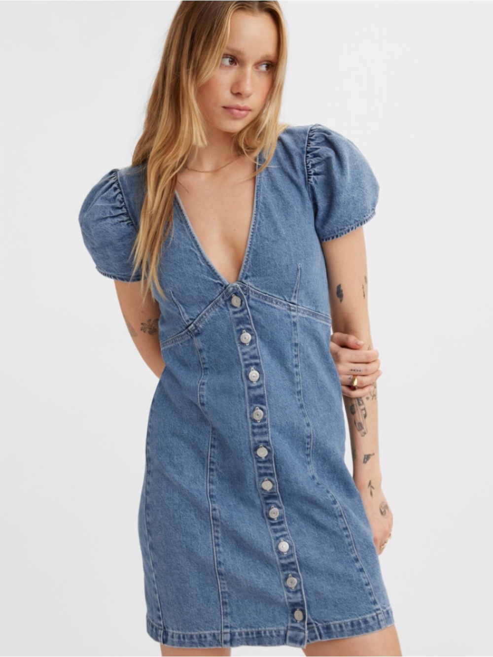 Levi's Light Blue V-Neck Button Front Puff Sleeve Mini Dress